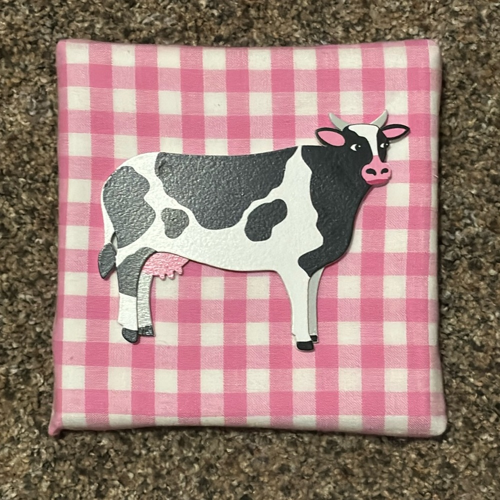 Handmade Cow and Pink Checkered Fabric Canvas | Farm | Cute | Decor | Gift